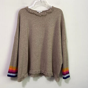 THML Knit Top Sweater M Fringe Trim Tan Pullover Boat Neck Rainbow Stripe Cuff